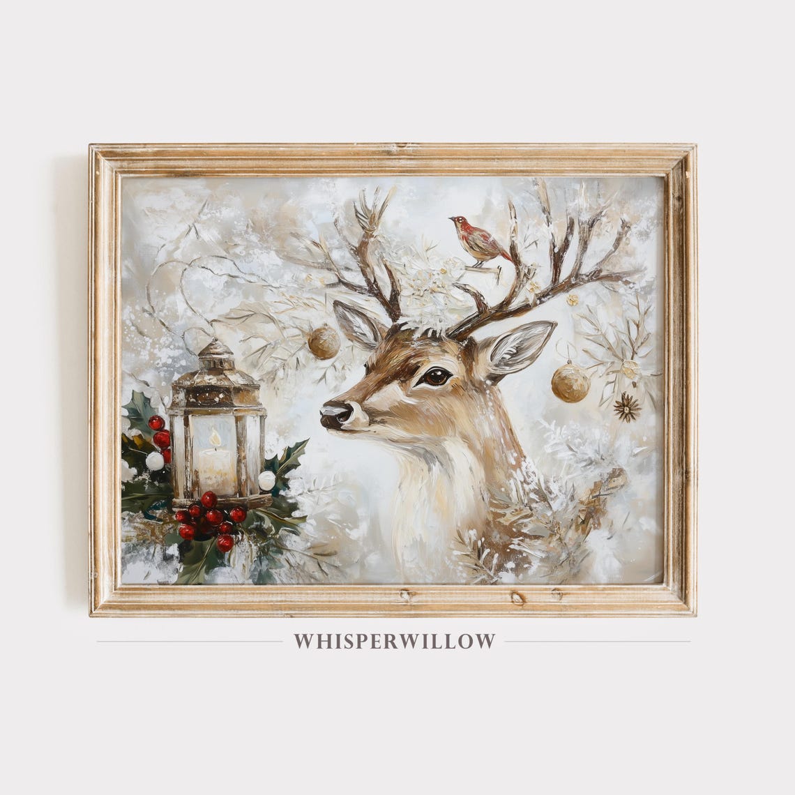 Christmas Deer Portrait with Lantern Holly and Bird Snow Poster