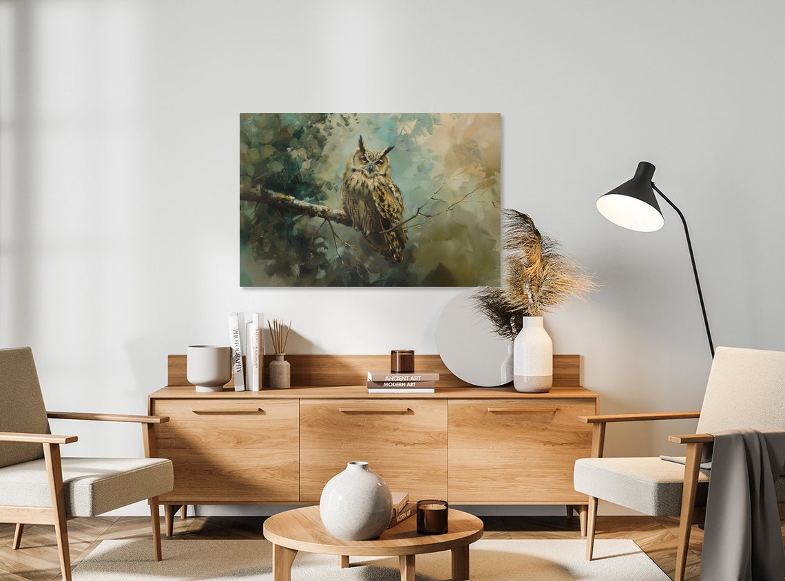 Great Horned Owl Perched on Branch Vintage Style Oil Painting Poster - Image 3