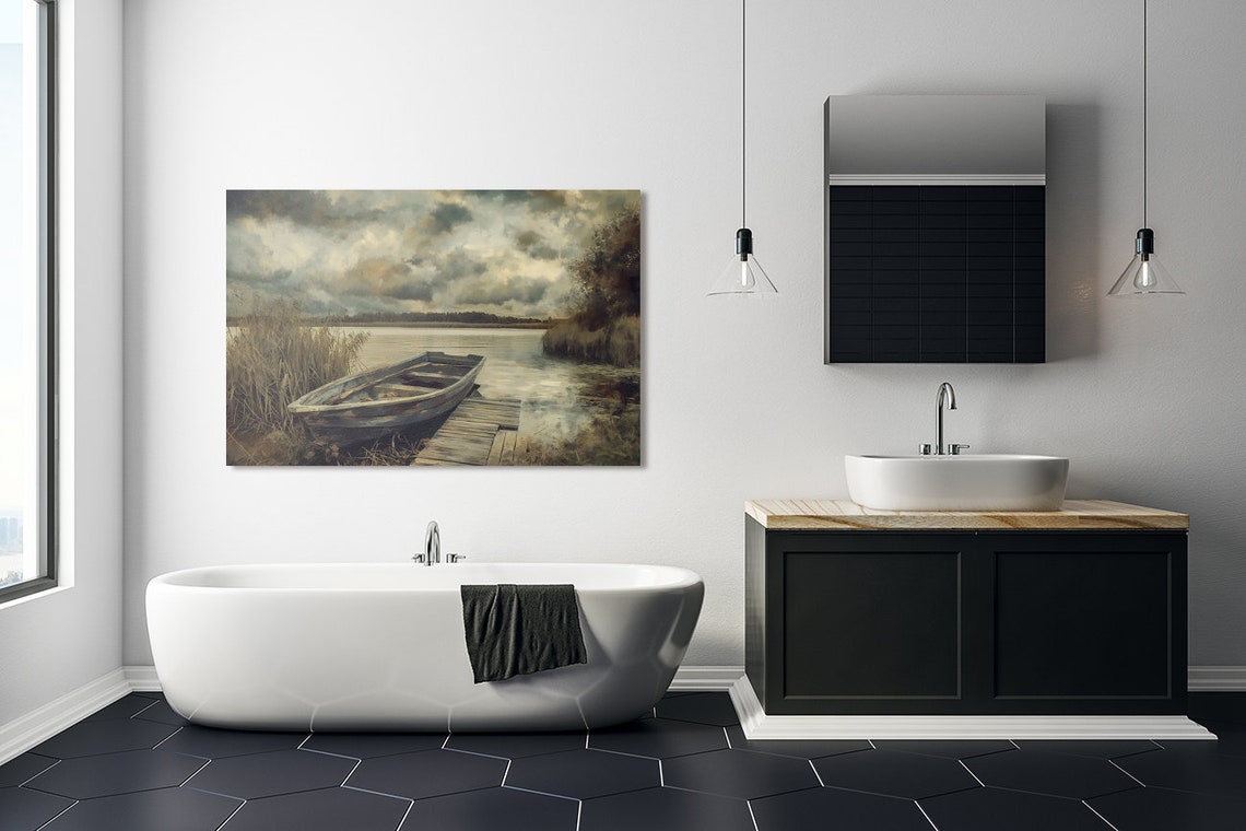 Weathered Rowboat At Lakeside Dock Moody Vintage Oil Painting Poster - Image 4