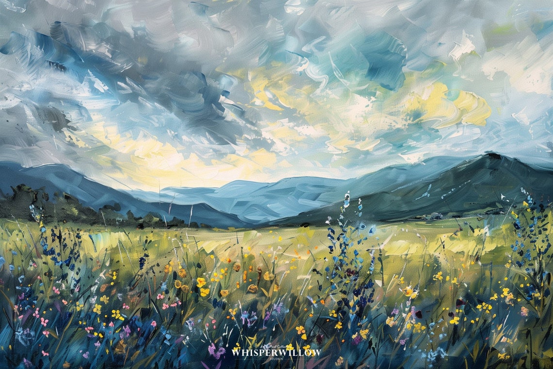 Wildflowers and Mountains Cool Blue Tones Oil Painting Poster - Image 6