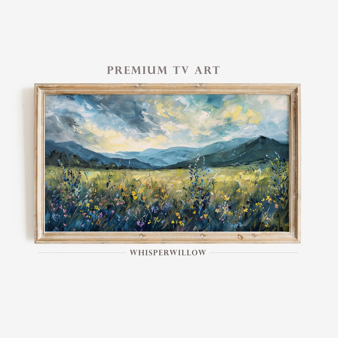 Blue Wildflower Meadow Cool Toned Mountain Landscape Oil Poster