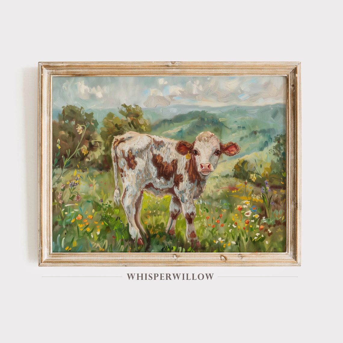 Sweet Brown and White Calf in a Flower Meadow Painterly Poster
