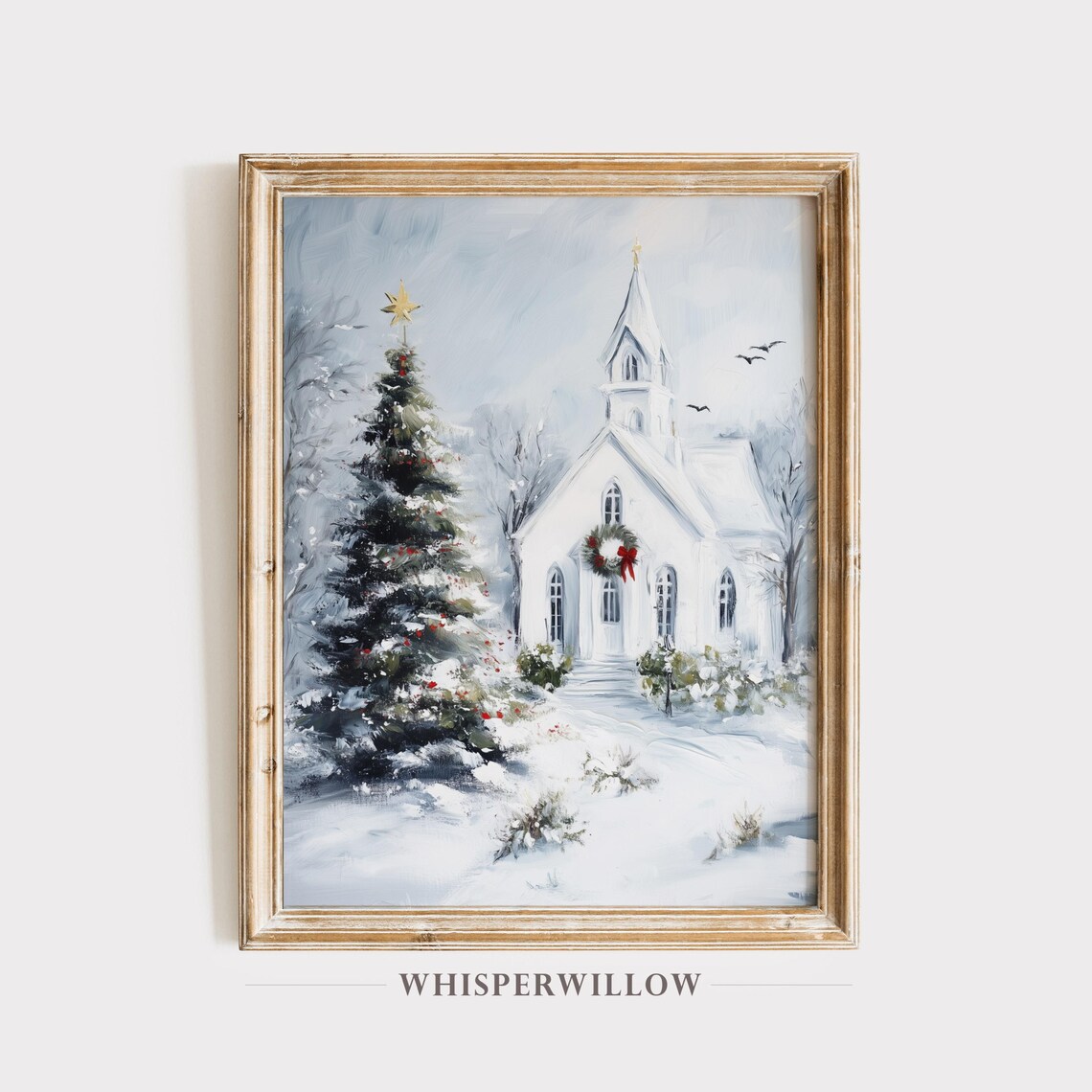 Snowy Christmas Church And Tree Holiday Art Print