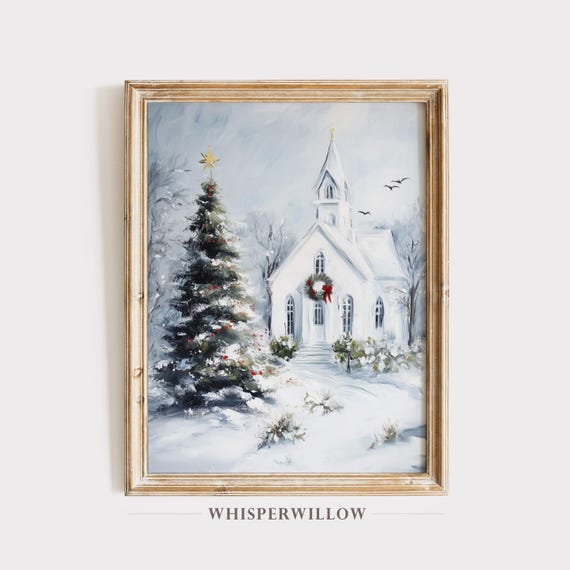 Snowy Christmas Church And Tree Holiday Art Print