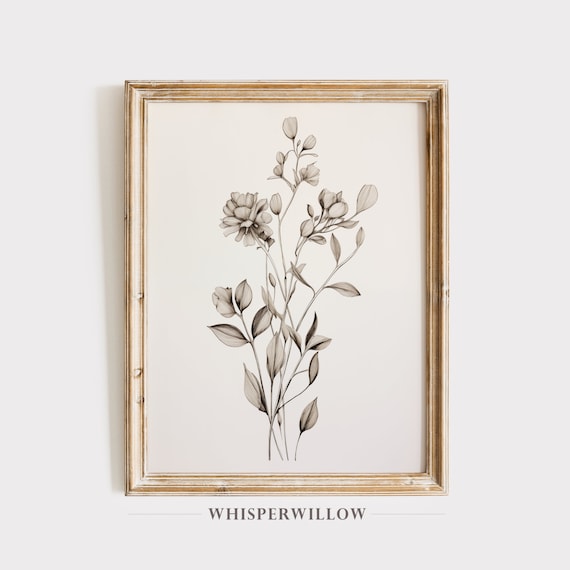 Black and White Wildflower Sketch Minimal Botanical Line Art Poster