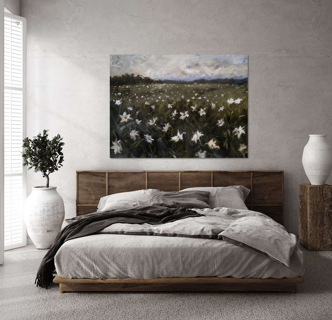 White Wildflower Field Under Cloudy Sky Moody Landscape Art Poster - Image 2