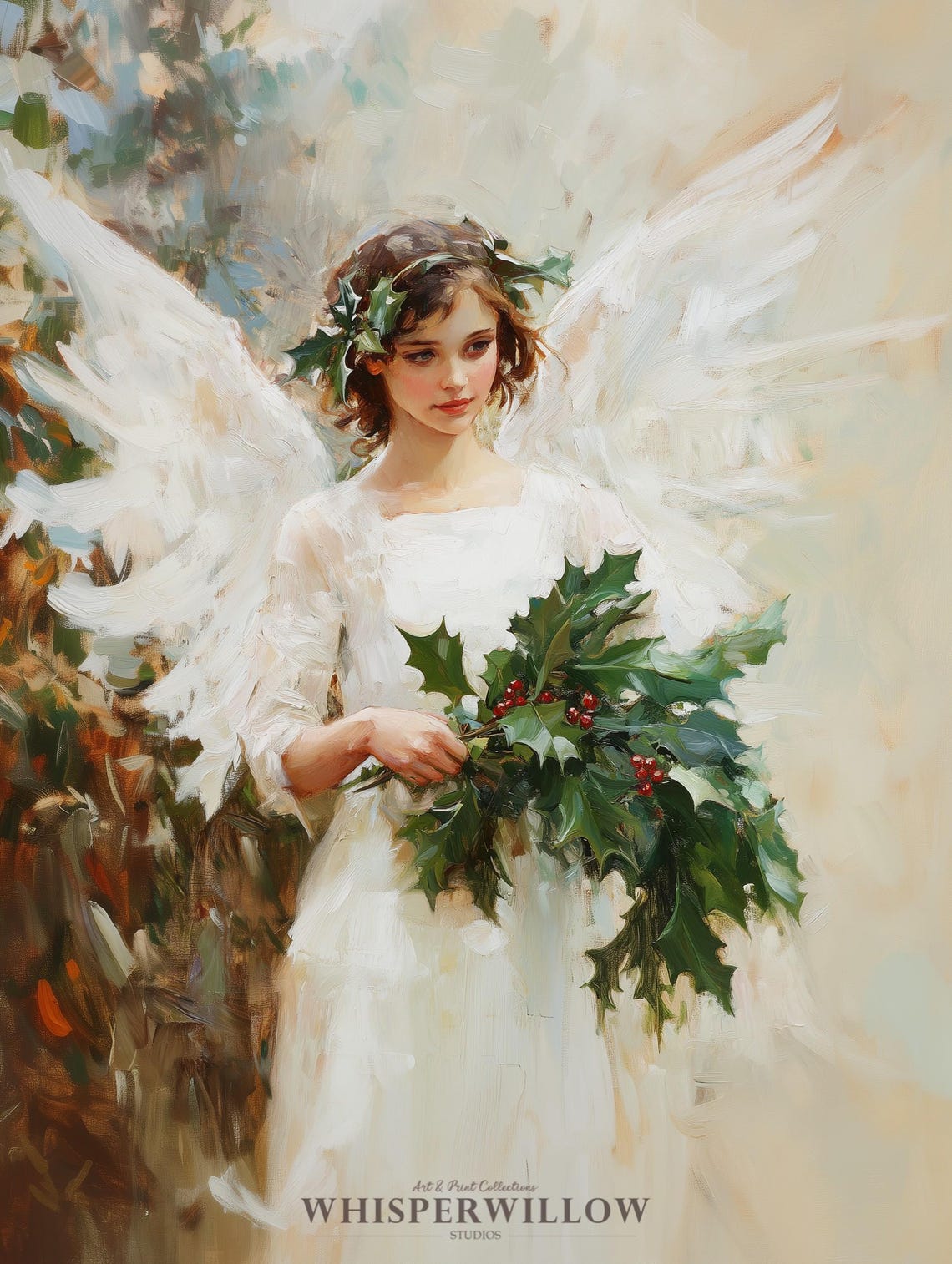 Young Angel in White Gown Holding Holly Vintage Christmas Poster - Image 6