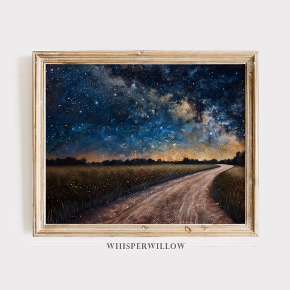 Starry Milky Way Landscape Painting Vintage Art Night Sky Nature Wall Decor Twinkling Glowing Sunset Art