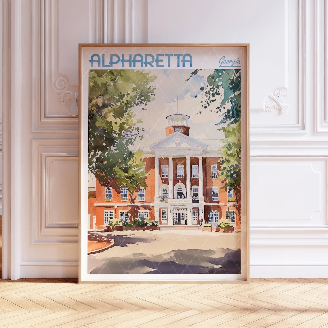 Alpharetta Georgia Brick Courthouse Watercolor Travel Poster