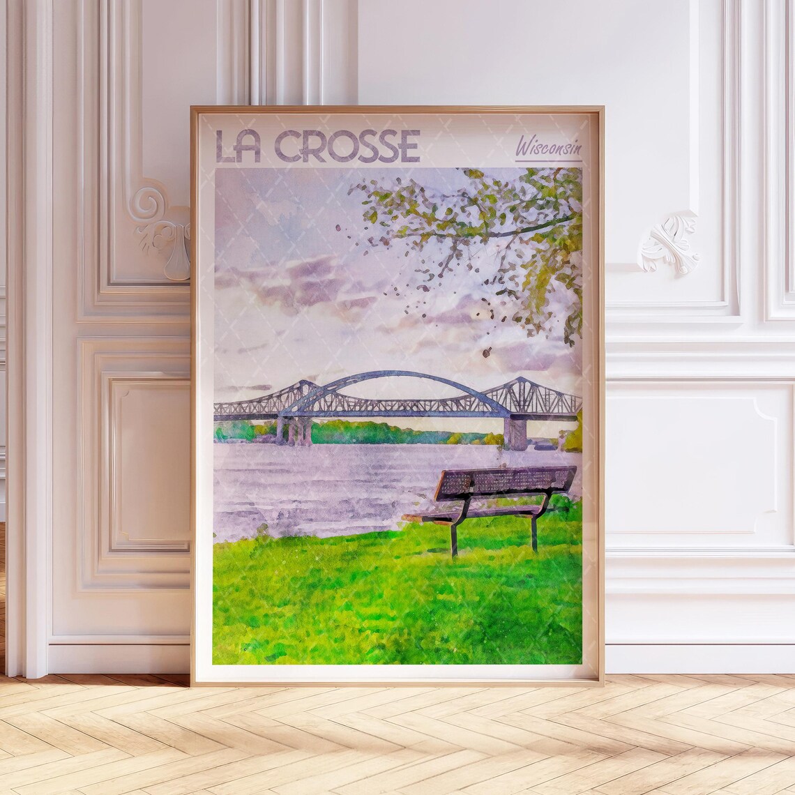 La Crosse Wisconsin Riverside Bridge Watercolor Travel Poster