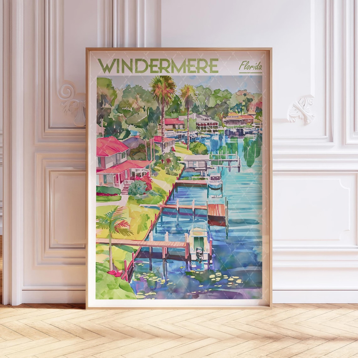 Windermere Florida Watercolor Marina Travel Poster With Boats