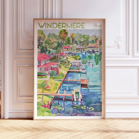 Windermere Florida Watercolor Marina Travel Poster With Boats