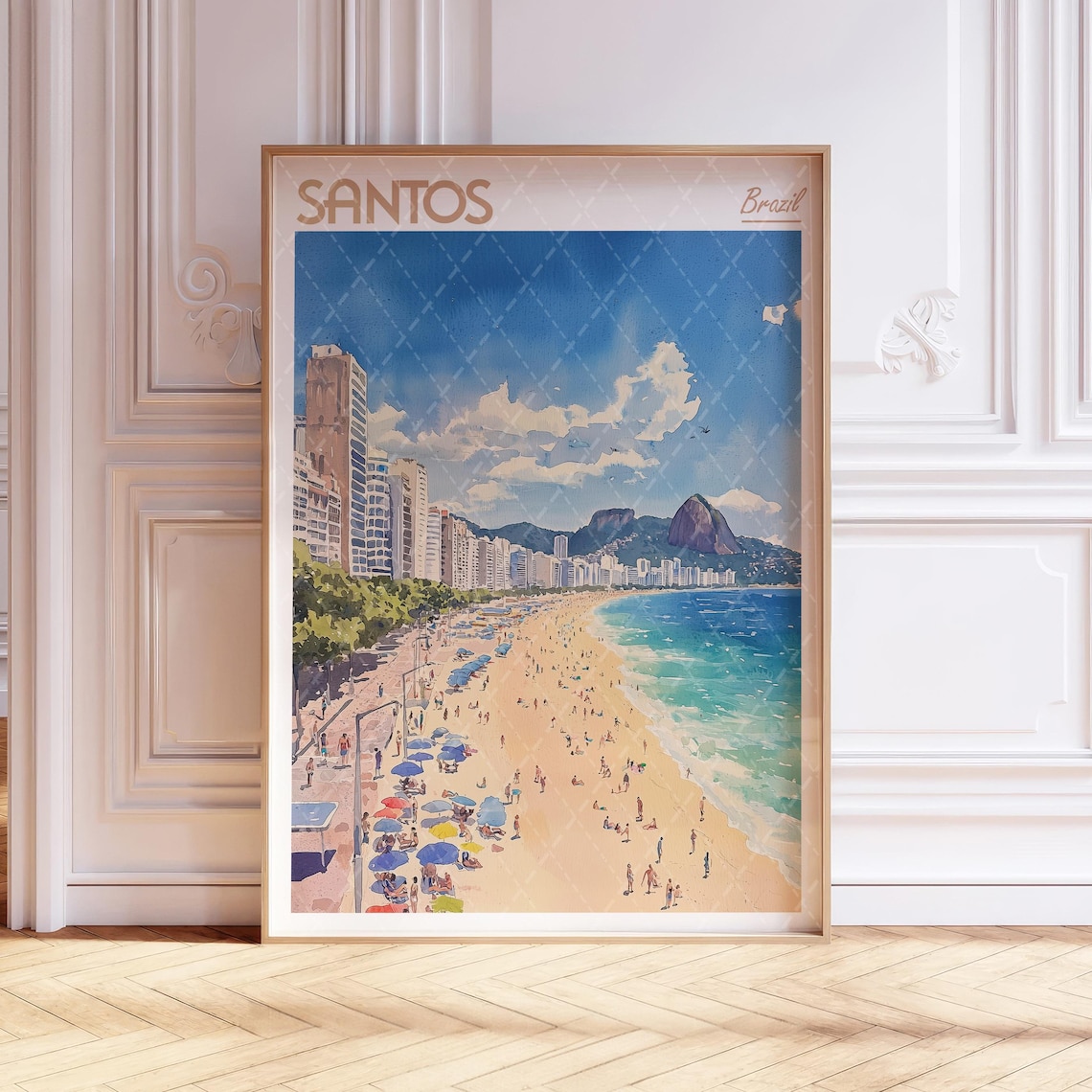 Santos Brazil Bustling Beach Umbrellas Watercolor Travel Poster