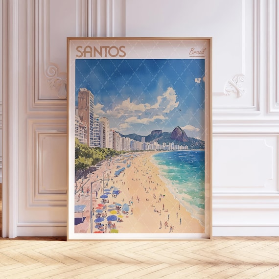 Santos Brazil Bustling Beach Umbrellas Watercolor Travel Poster