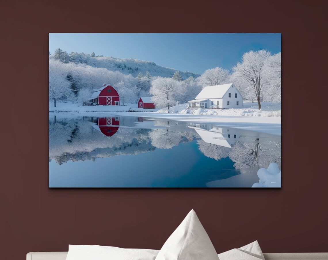 Red Barns White Farmhouse Winter Reflection Snowy Lake Poster