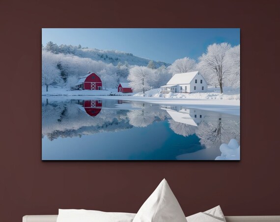 Red Barns White Farmhouse Winter Reflection Snowy Lake Poster