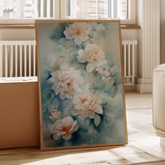 Elegant Watercolor Floral Canvas Wall Art Soft White And Blush Flowers With Teal Background Modern Botanical Painting For Home Decor