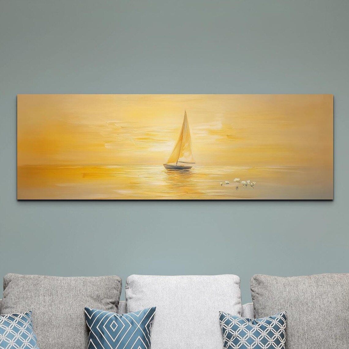 Sailboat In Golden Morning Haze Seascape Birds Painting Poster