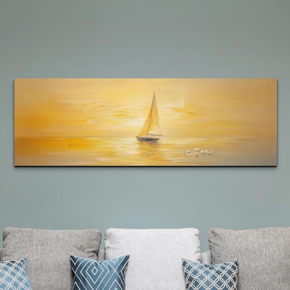 Sailboat In Golden Morning Haze Seascape Birds Painting Poster