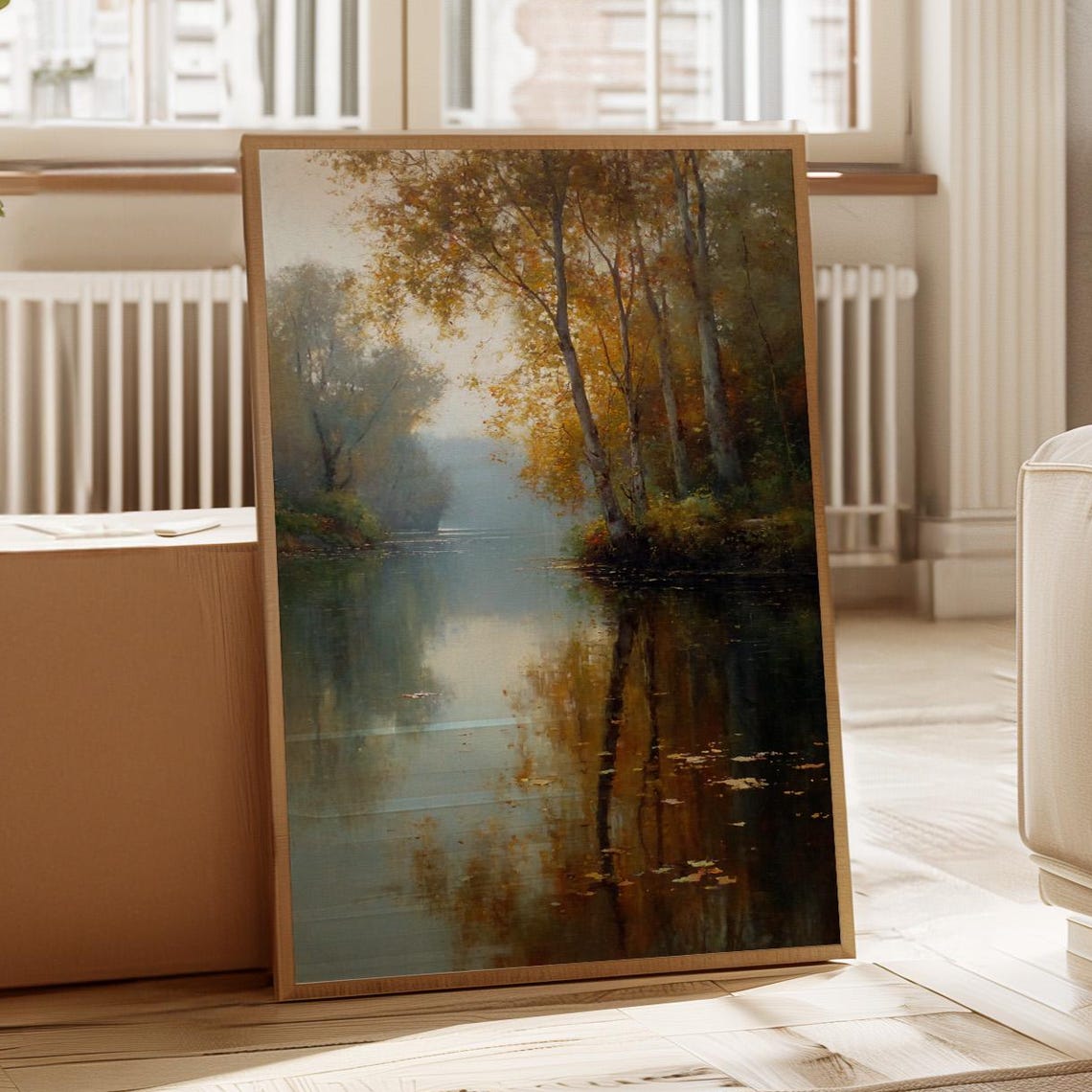 Tranquil Autumn River Canvas Wall Art Serene Landscape Painting Of Fall Trees Reflected On Water Peaceful Nature Scene Home Dcor