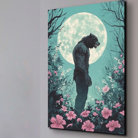 Werewolf Silhouette Pink Wildflowers Teal Full Moon Horror Poster