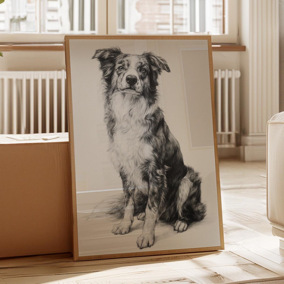 Black and White Sketch Portrait of a Sitting Collie Dog Poster
