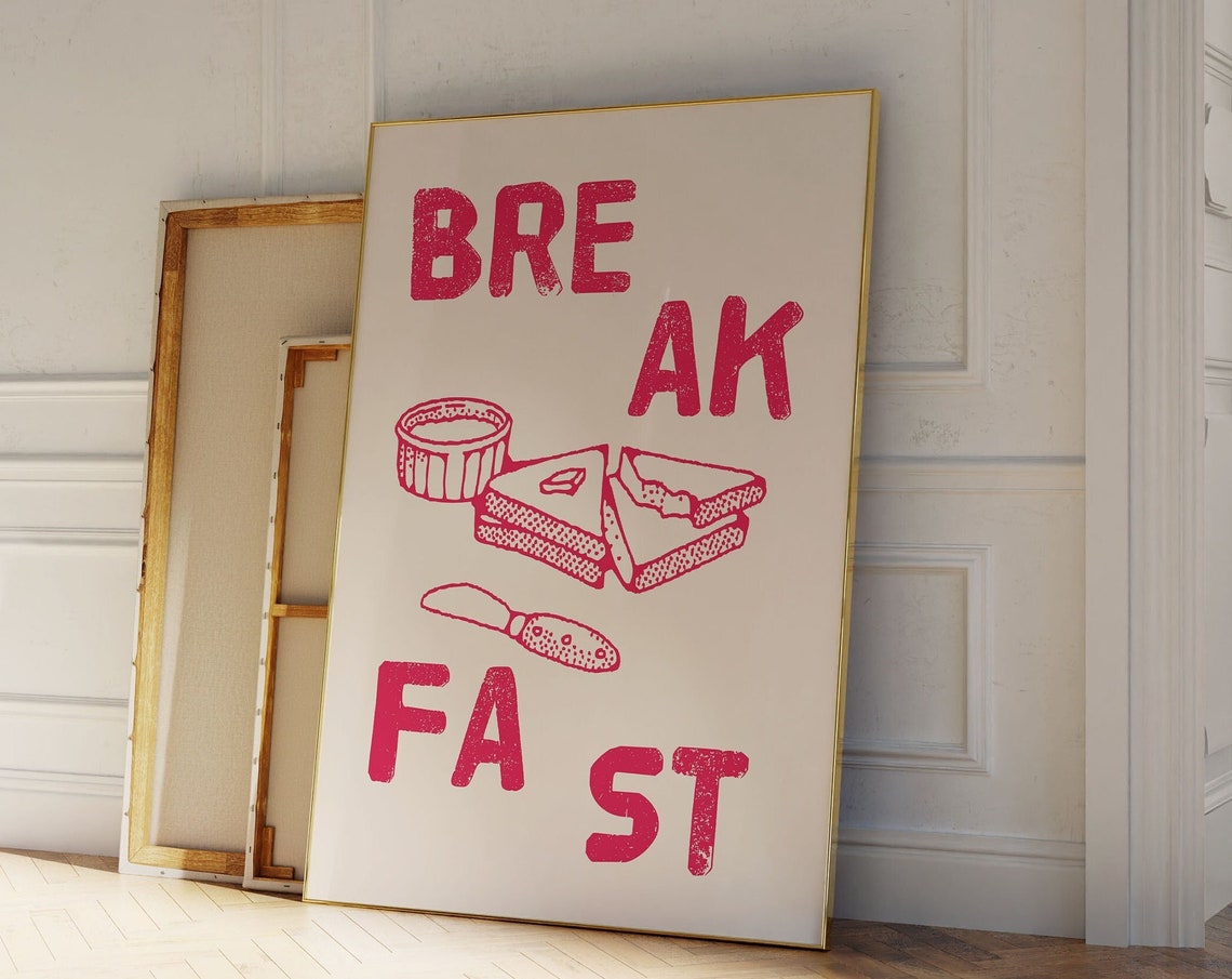 Red Break Fast Lettering Buttered Toast Vintage Breakfast Poster