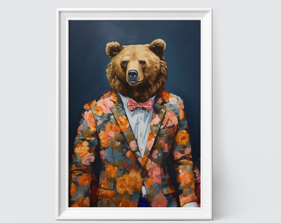 Grizzly Bear in a Multicolor Floral Suit with Pink Bow Tie Poster