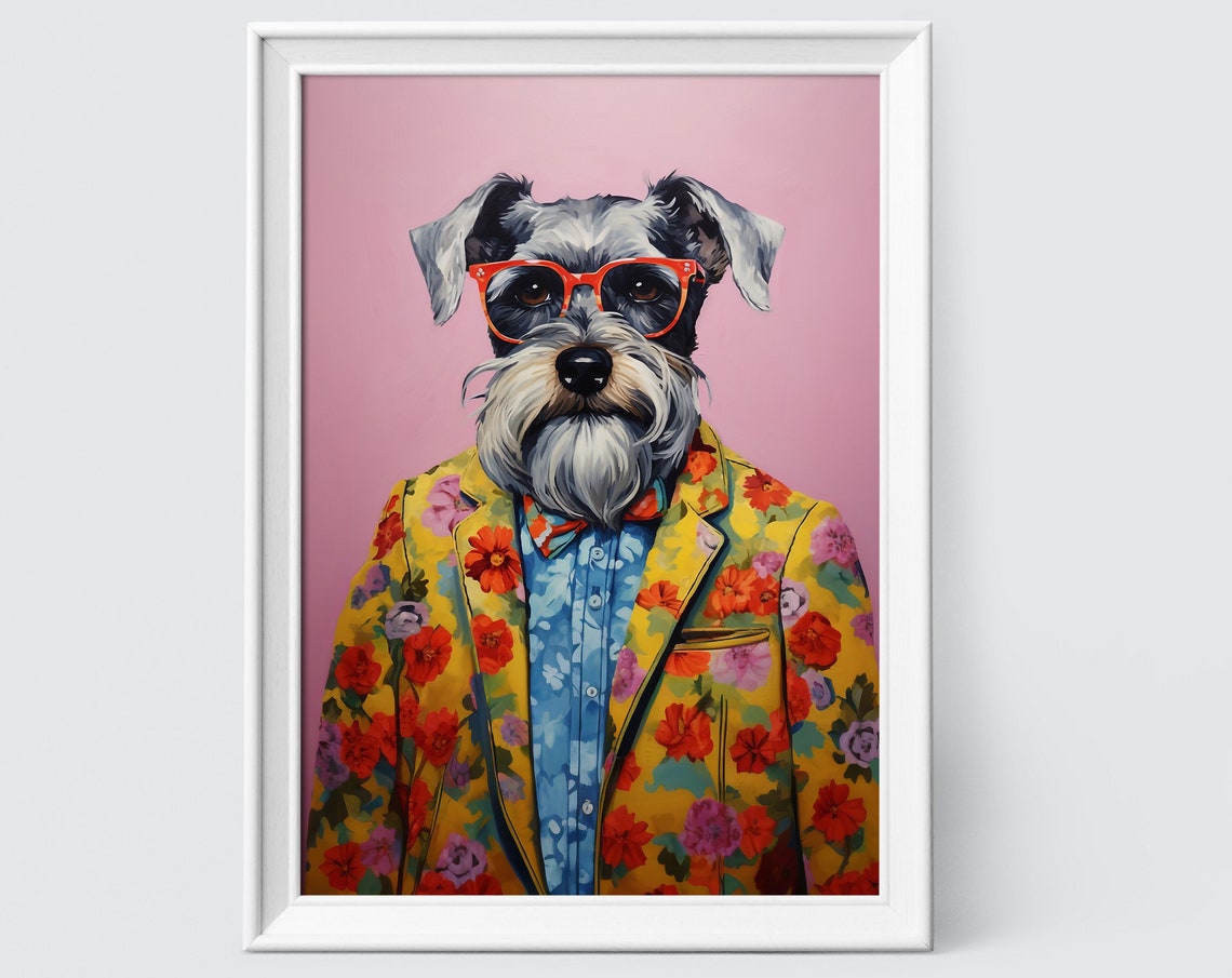 Miniature Schnauzer Red Glasses Floral Suit Funny Dog Wall Poster