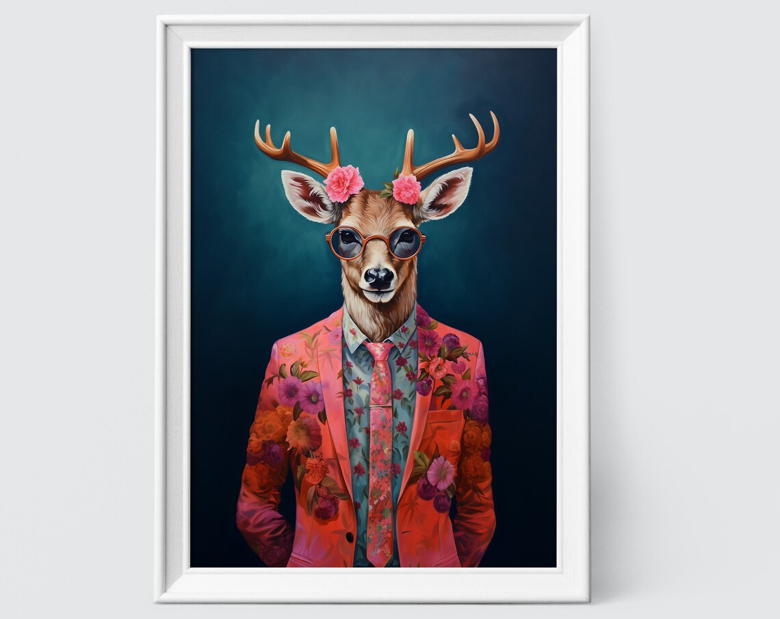 Deer In Floral Suit And Sunglasses Funny Fashion Animal Wall Poster