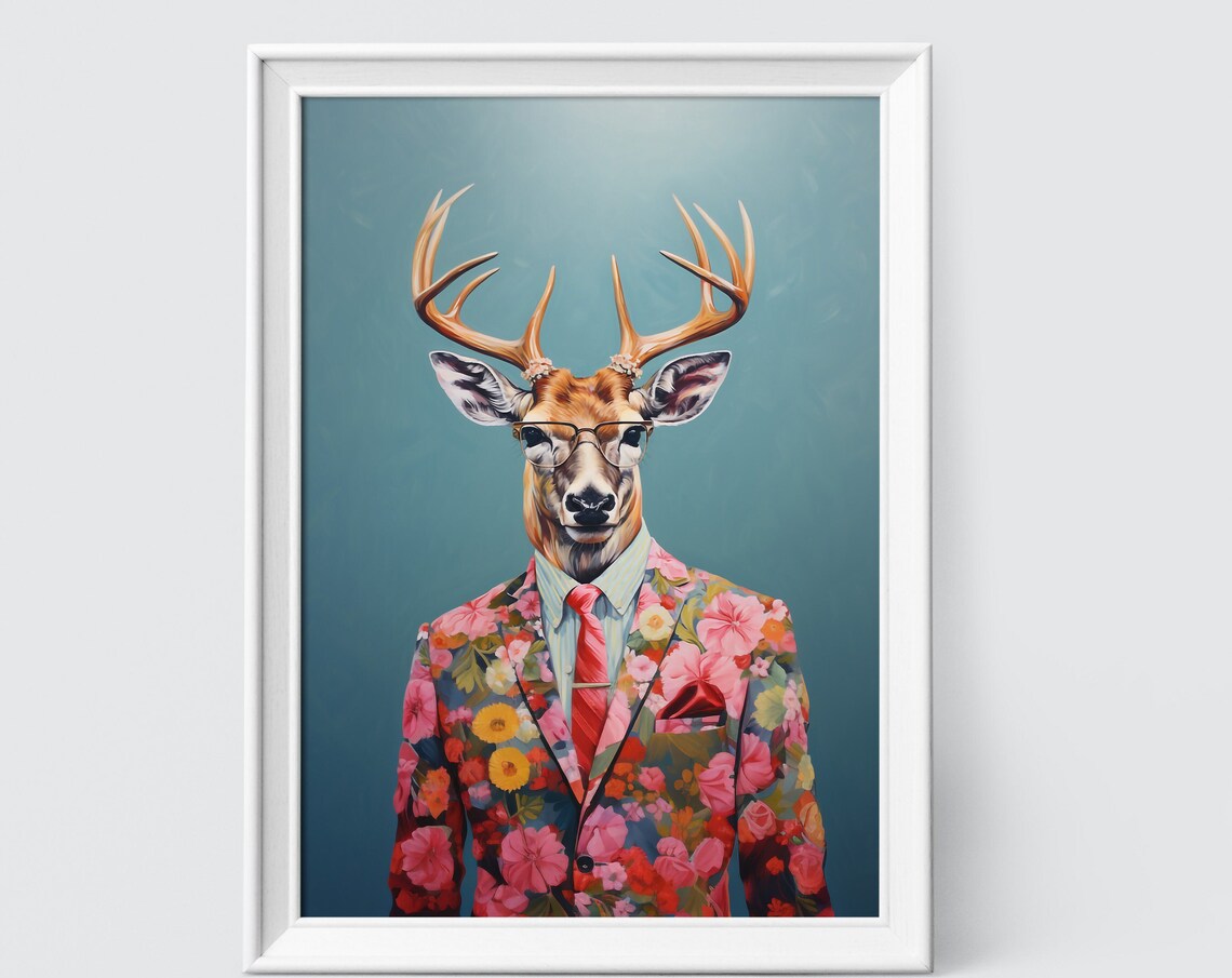 Deer Buck In Glasses Red Tie Floral Suit Funny Animal Wall Poster