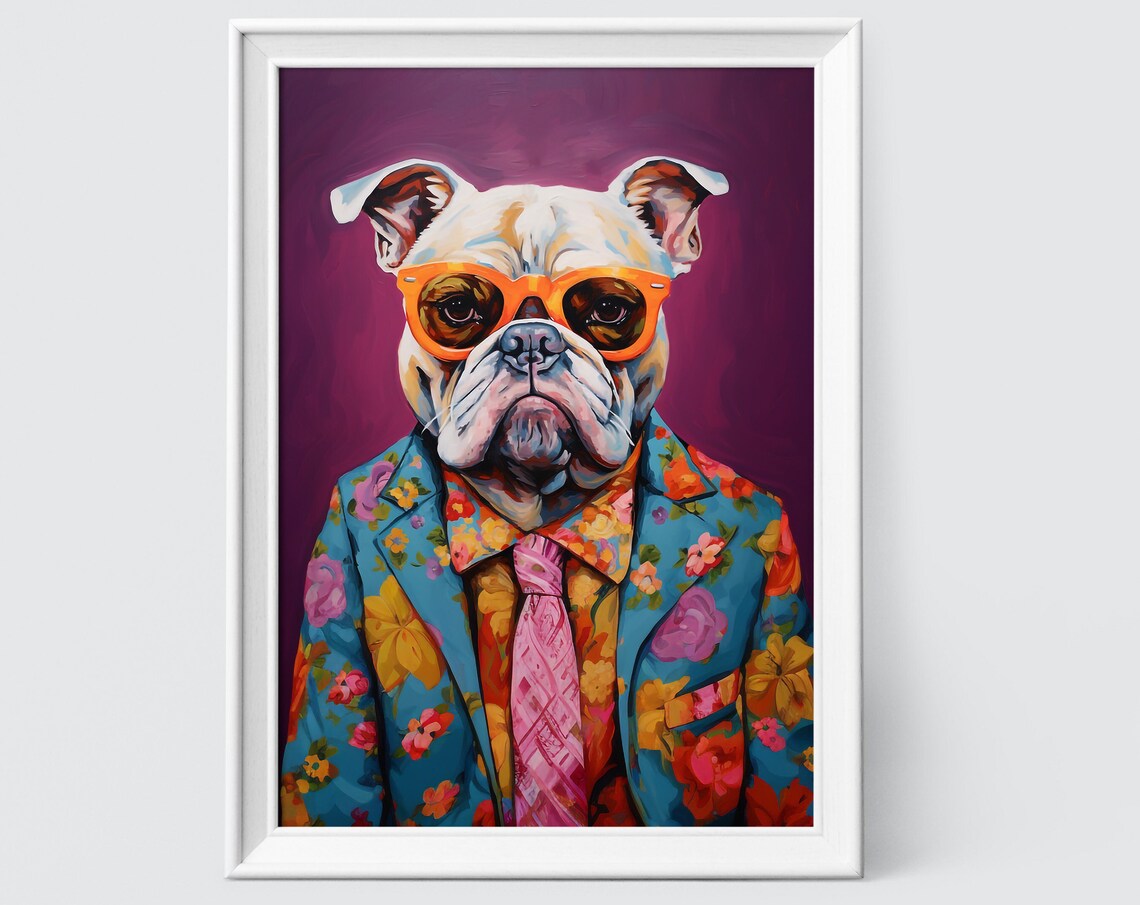 English Bulldog In Orange Sunglasses Floral Suit Funny Dog Poster