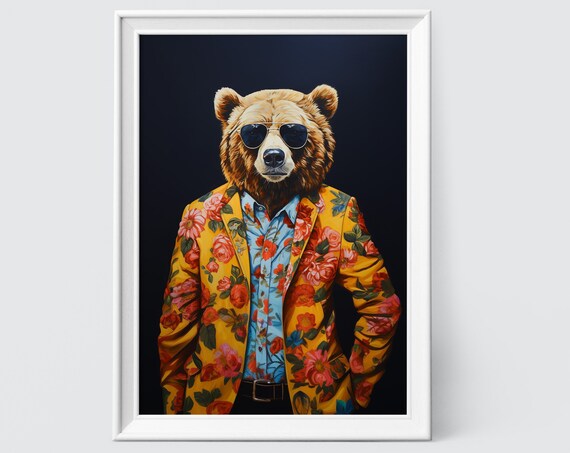 Grizzly Bear in a Yellow Floral Suit with Aviator Sunglasses Poster
