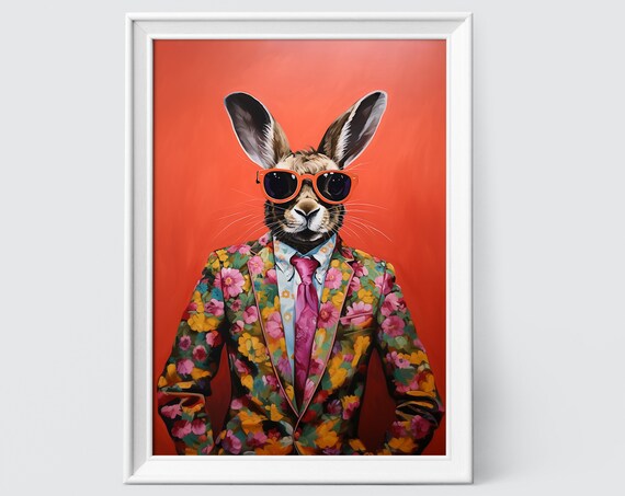 Bunny Rabbit in Orange Sunglasses and Floral Blazer Portrait Poster