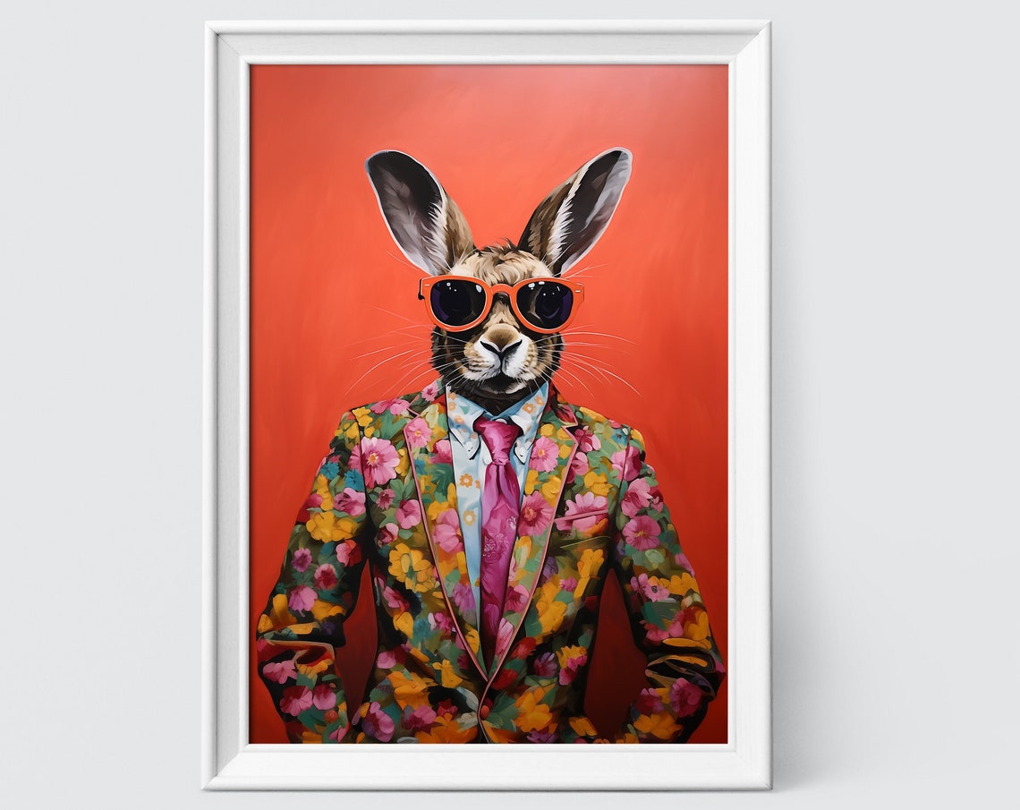Bunny Rabbit in Orange Sunglasses and Floral Blazer Portrait Poster