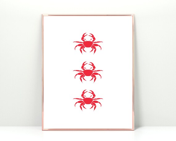 Three Red Crab Silhouettes Minimalist Coastal Kitchen Wall Art