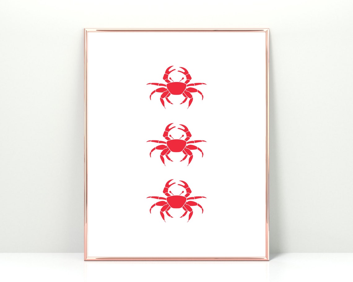 Three Red Crab Silhouettes Minimalist Coastal Kitchen Wall Art