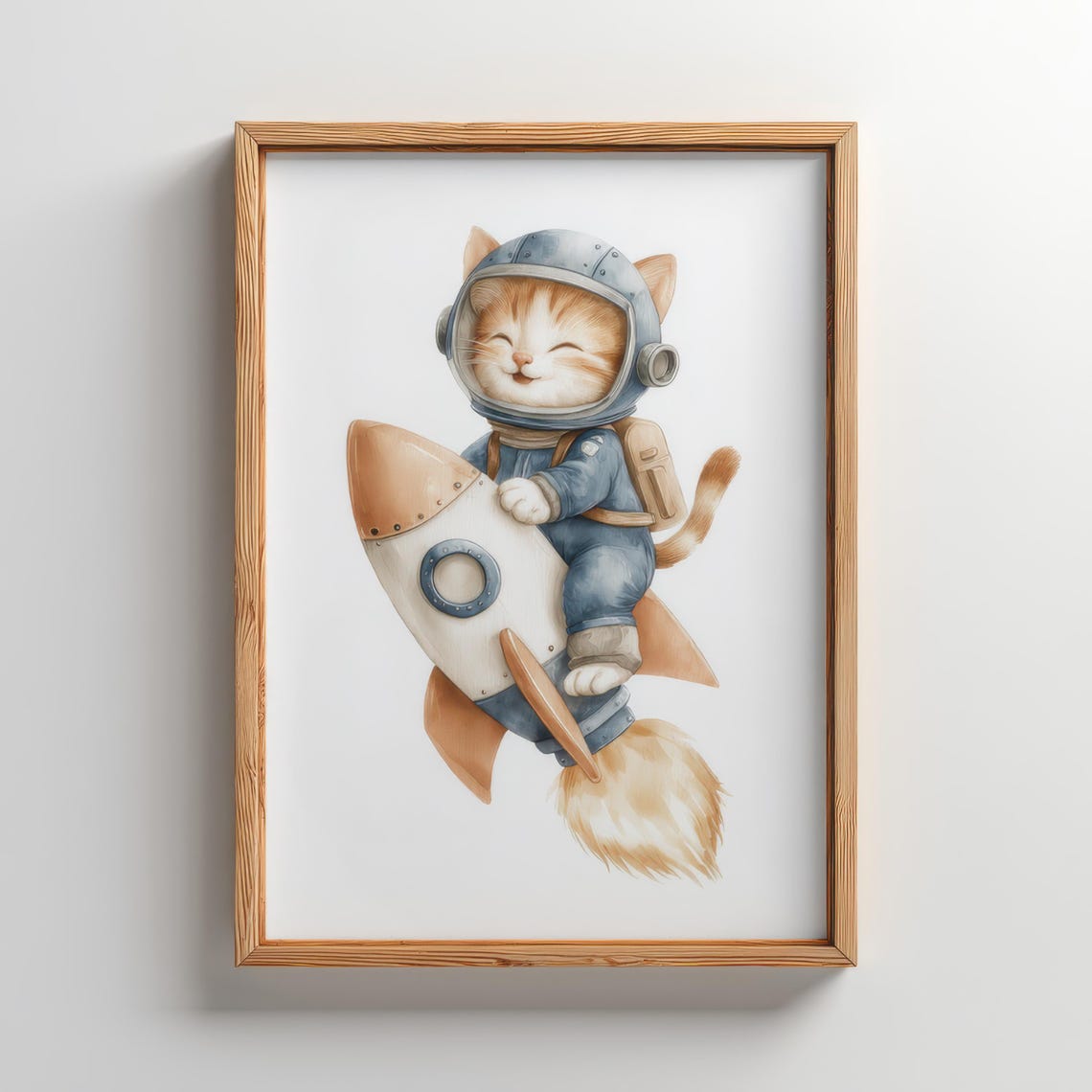 Happy Kitten Astronaut Riding a Toy Rocket Boys Nursery Poster