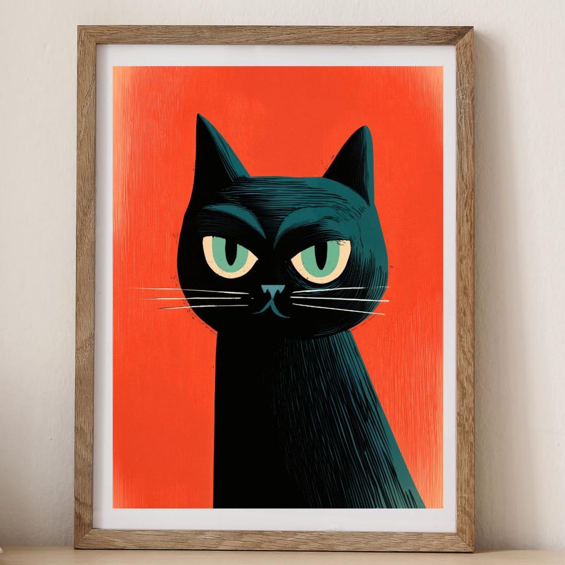 Black Cat Portrait With Green Eyes Orange Retro Painting Poster
