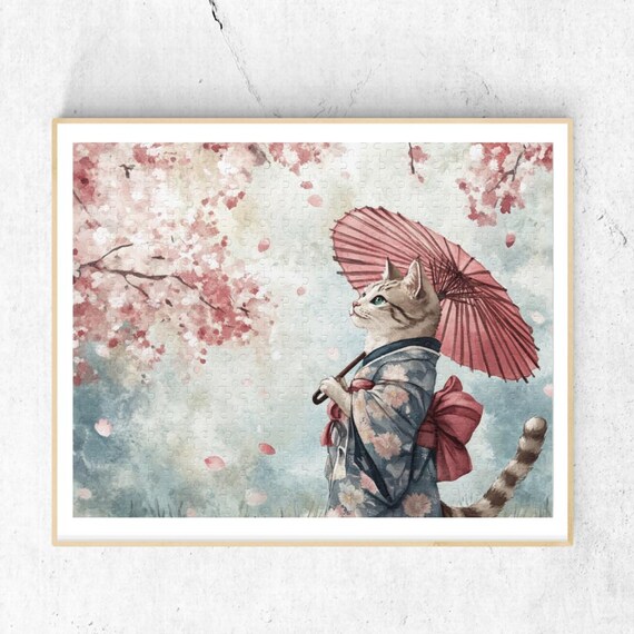 Kimono Cat Under Cherry Blossom Wall Art With Japanese Parasol Design