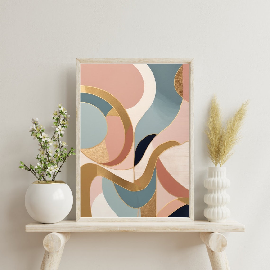 Pastel Abstract Pink Sage Gold Waves Soft Modern Decorative Art Poster