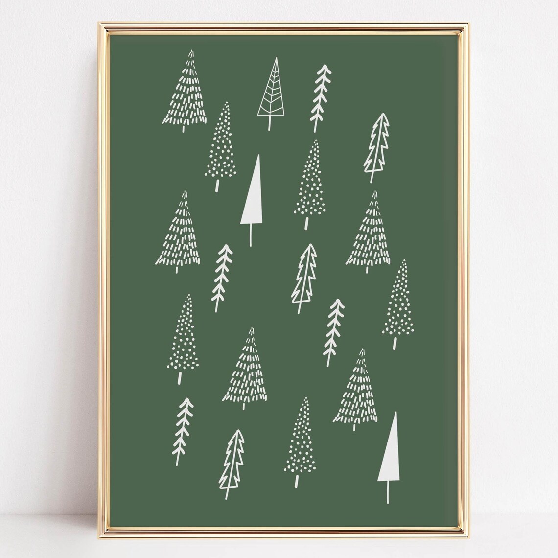 Minimalist White Christmas Trees Dark Green Holiday Art Poster