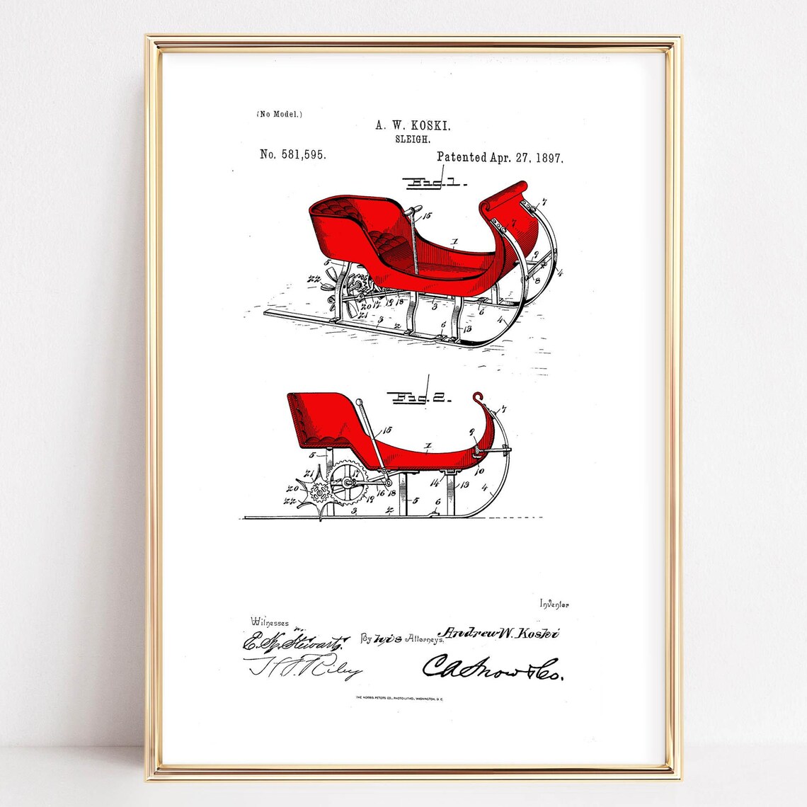 1897 Sleigh Patent Drawing Koski Red Sled Vintage Christmas Poster