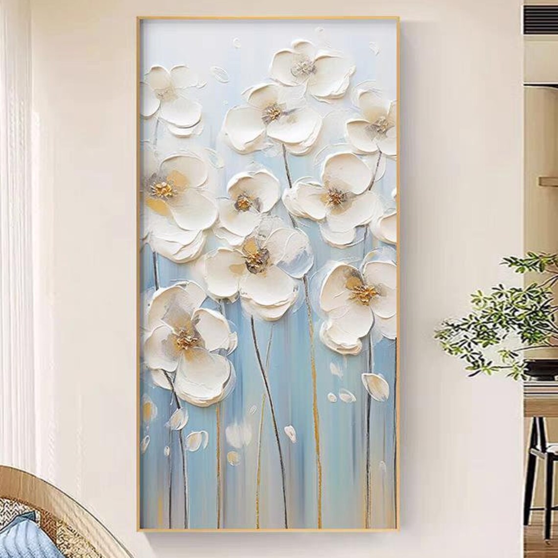 White Blooms on Soft Blue Background Elegant Floral Art Poster