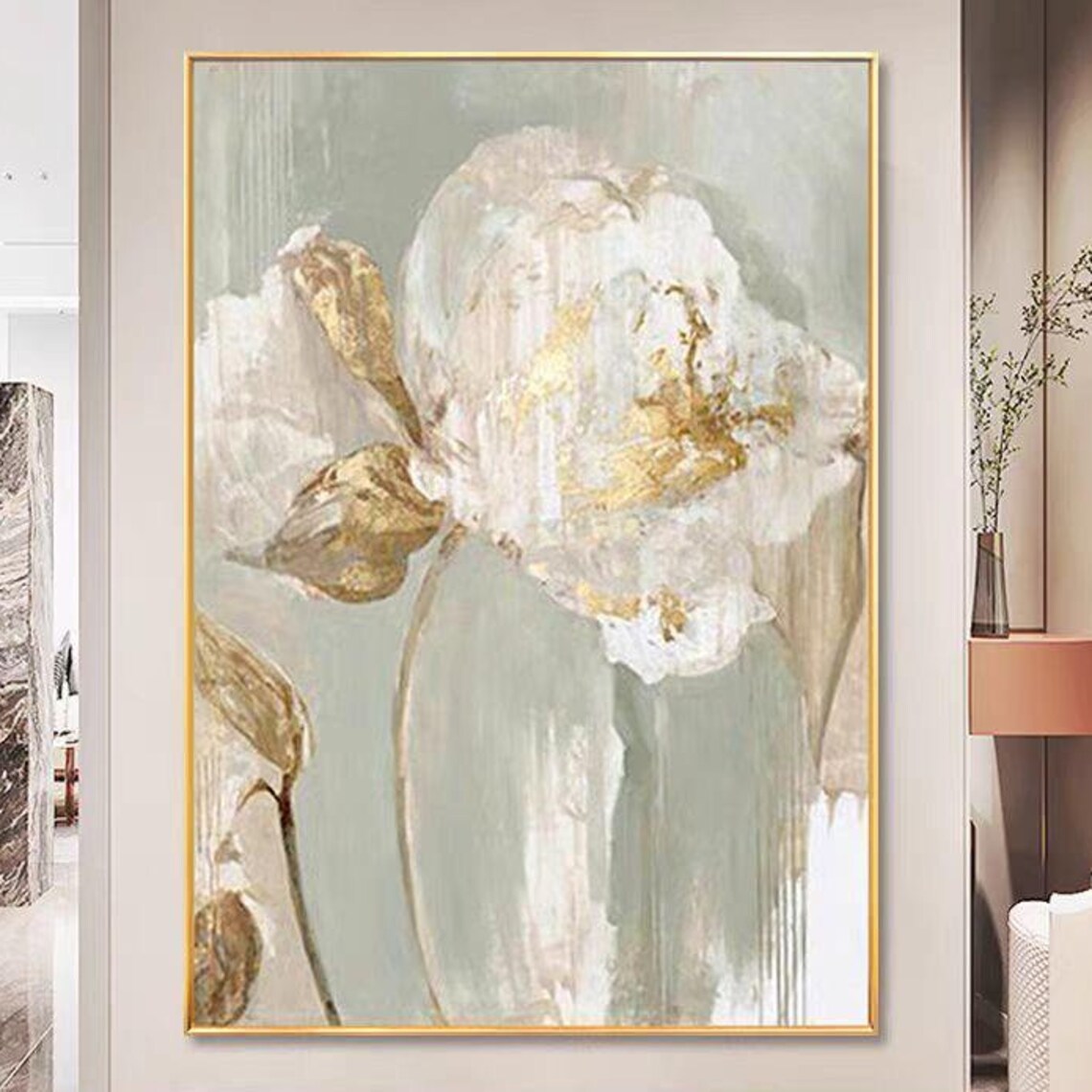 White Peony Gold Accents Sage Green Abstract Floral Vertical Poster