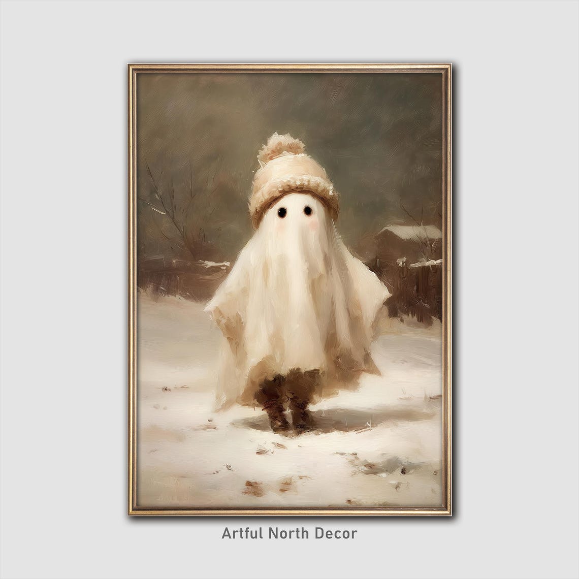 Whimsical Cute Winter Ghost Snowy Landscape Oil Style Poster