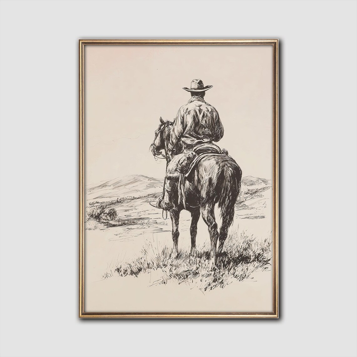 Lone Cowboy Horse Sketch Western Art Print
