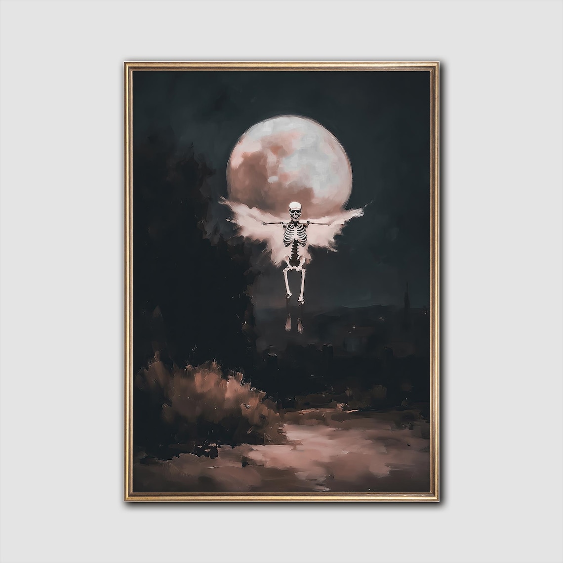 Skeleton Angel Wings Full Moon Dark Gothic Night Moody Painting Wall Art