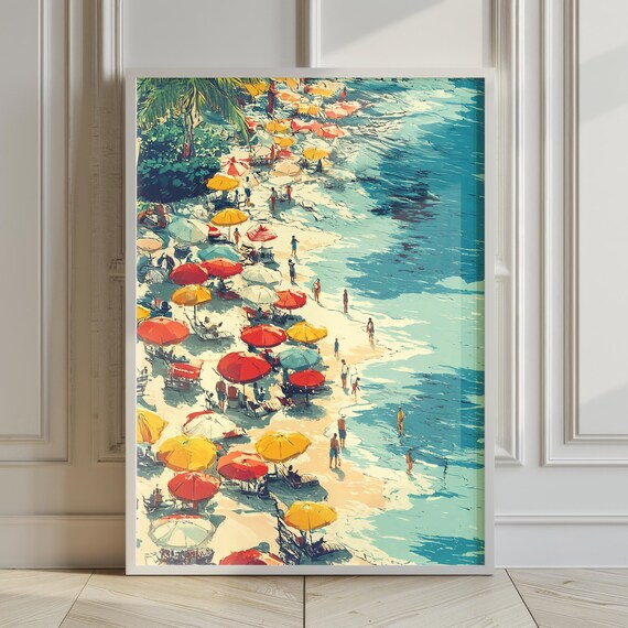Aerial Beach Scene Colorful Umbrellas Retro Coastal Art Poster