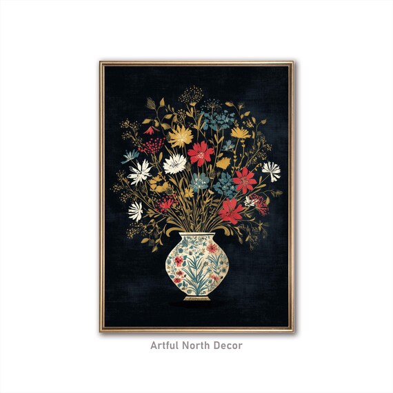 Boho Vintage Floral Art Print Dark Botanical Painting